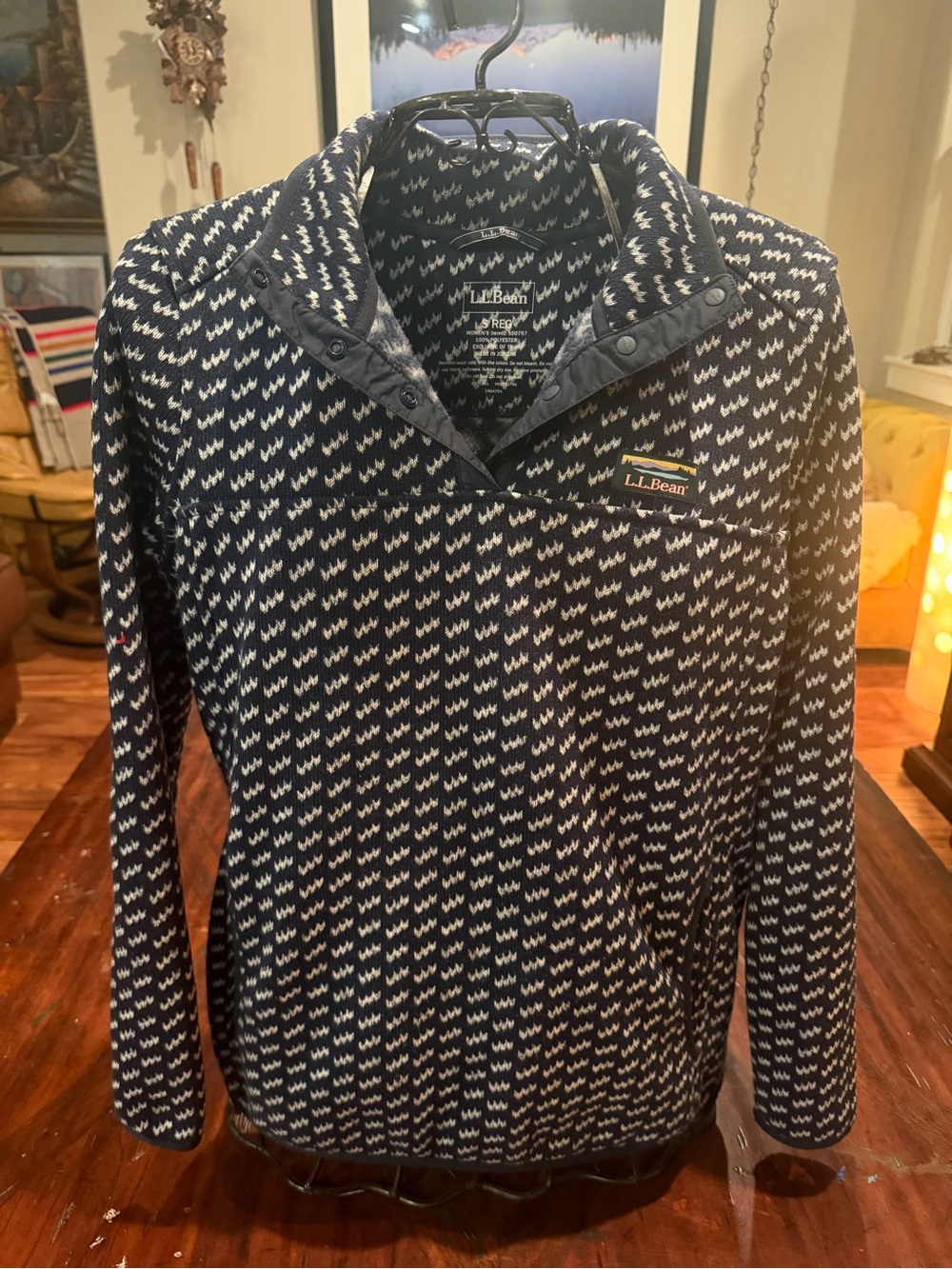 L.L. Bean Navy and White Patterned Snap-Placket Sweater Size Small